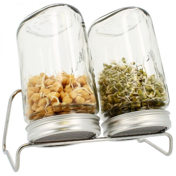 2er Set, Keimglas (1500ml) mit Edelstahlsieb und Abtopfgestell